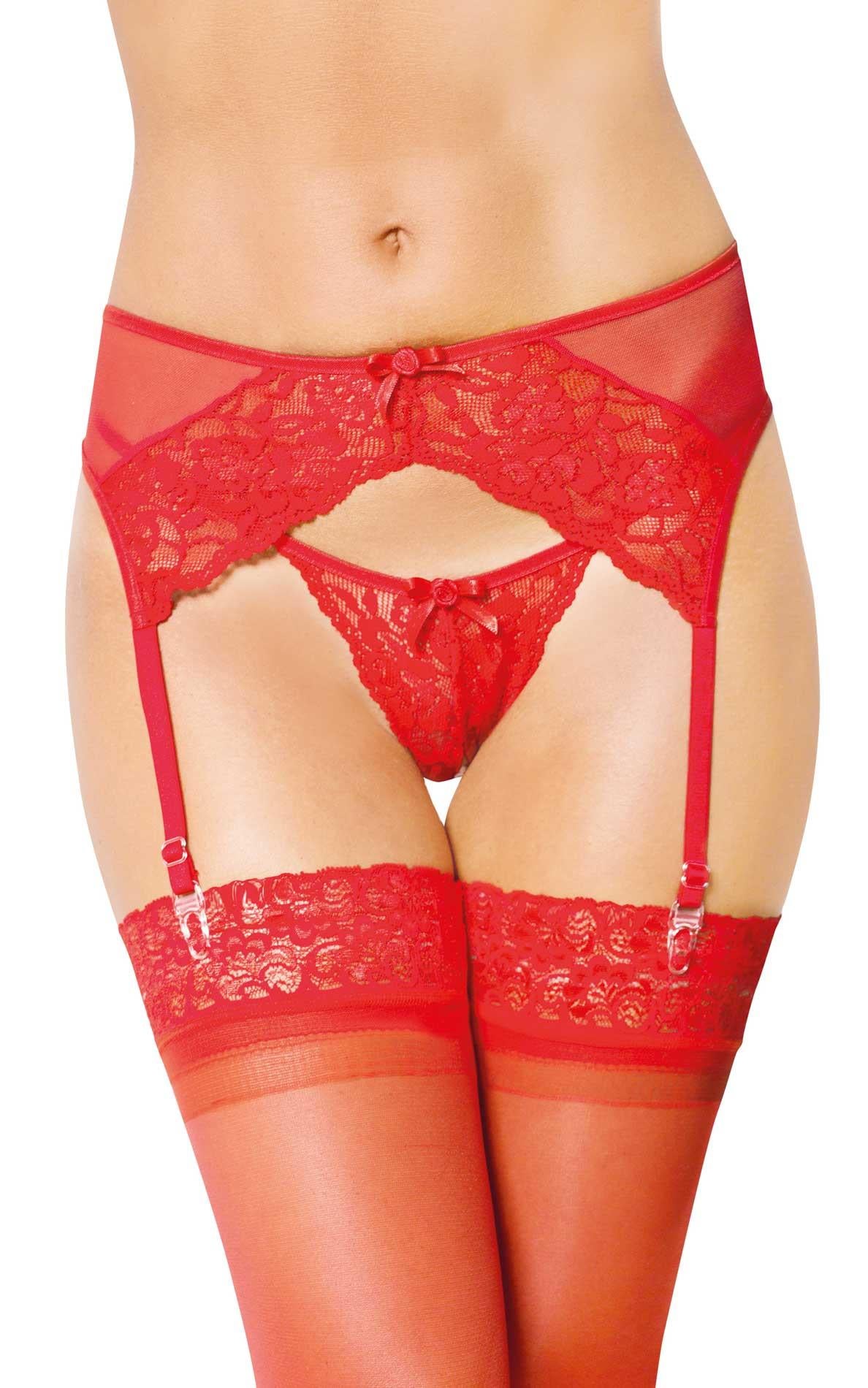 1-Koronkowy pas do pończoch z stringami Softline 3317 czerwony M/L-1