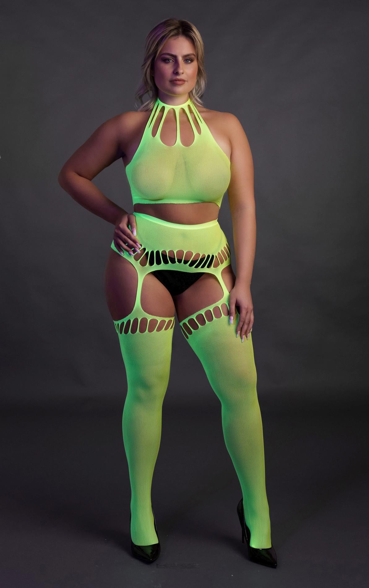 7-Neonowy komplet Ouch! UV crop top i pończochy XL XXXXL-7