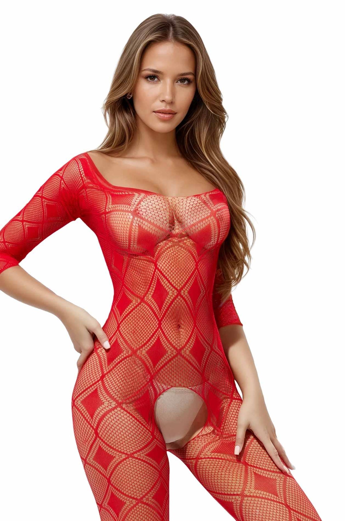 6-Bodystocking siateczkowy geometryczny czerwony SoftLine 2037 One Size-6