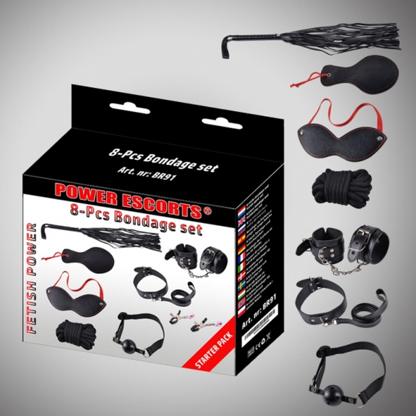 2-Bondage set 8 pcs black cuffs / collar/ mask/ whipp/ clamps/rope etc-2