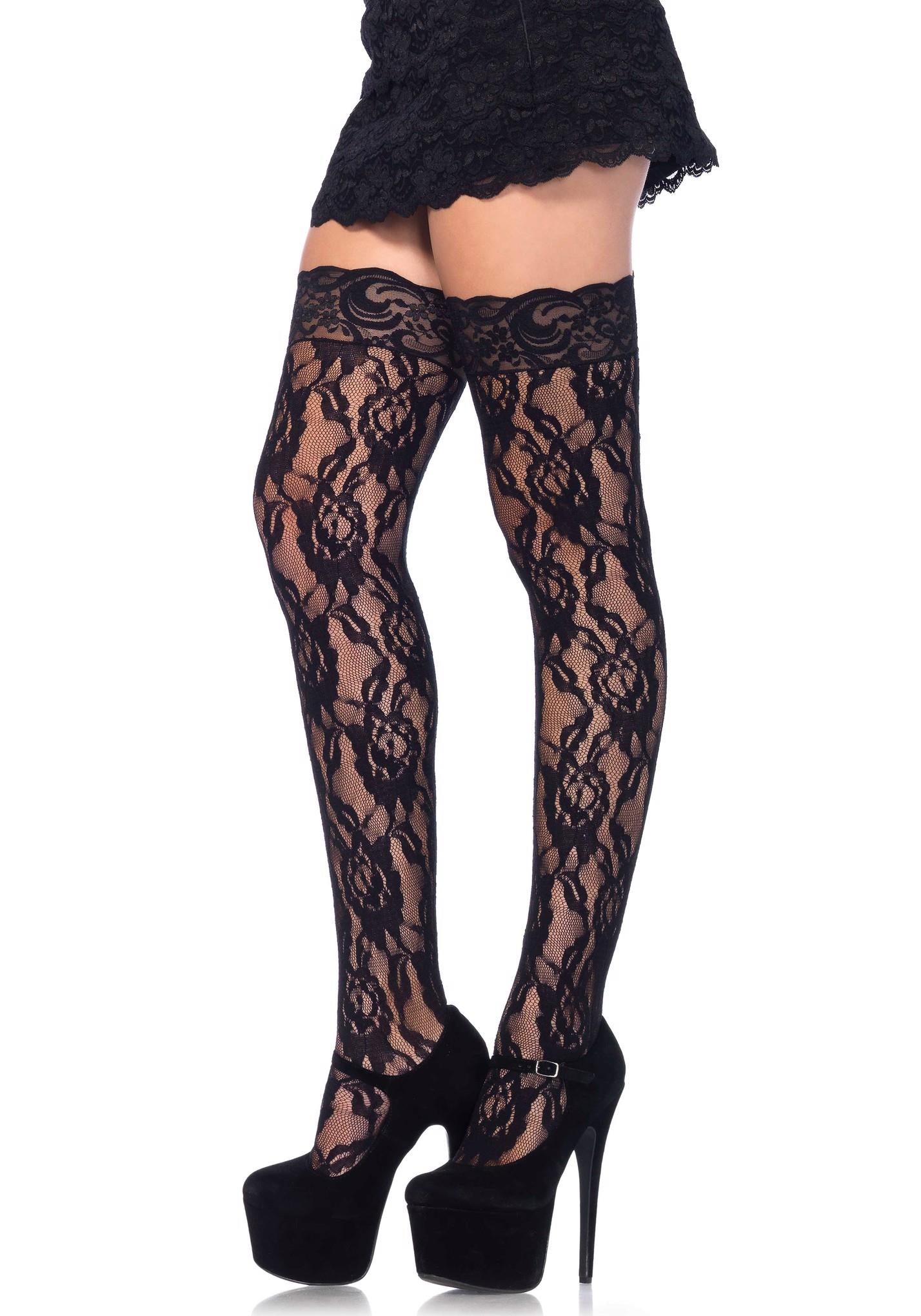 1-Bielizna-LACE STOCKINGS WITH LACE TOP OS-1