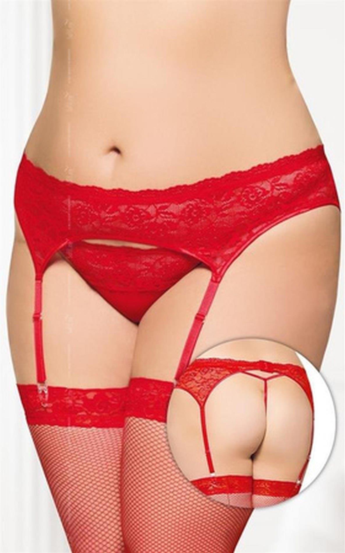 1-Pas do pończoch koronkowy z stringami SoftLine czerwony 3XL-1