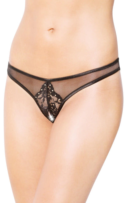 1-Stringi koronkowe z cyrkoniami SoftLine czarne S/M-1