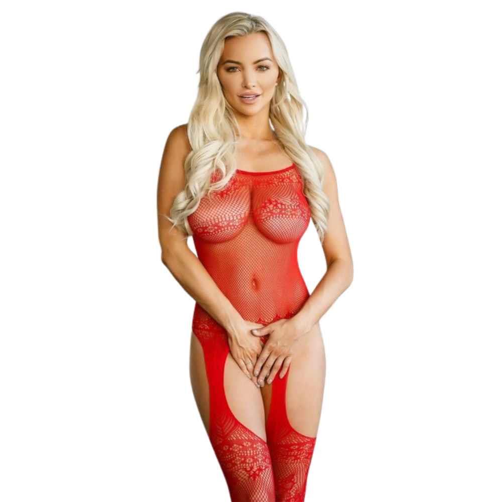 1-Bodystocking czerwony siateczkowy otwarty krok Ero-Dom-1