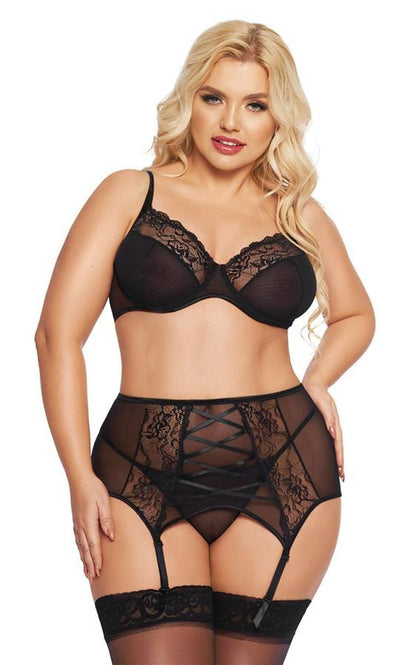 1-Komplet bielizny koronkowy SoftLine Collection z sznurowaniem czarny XL-1