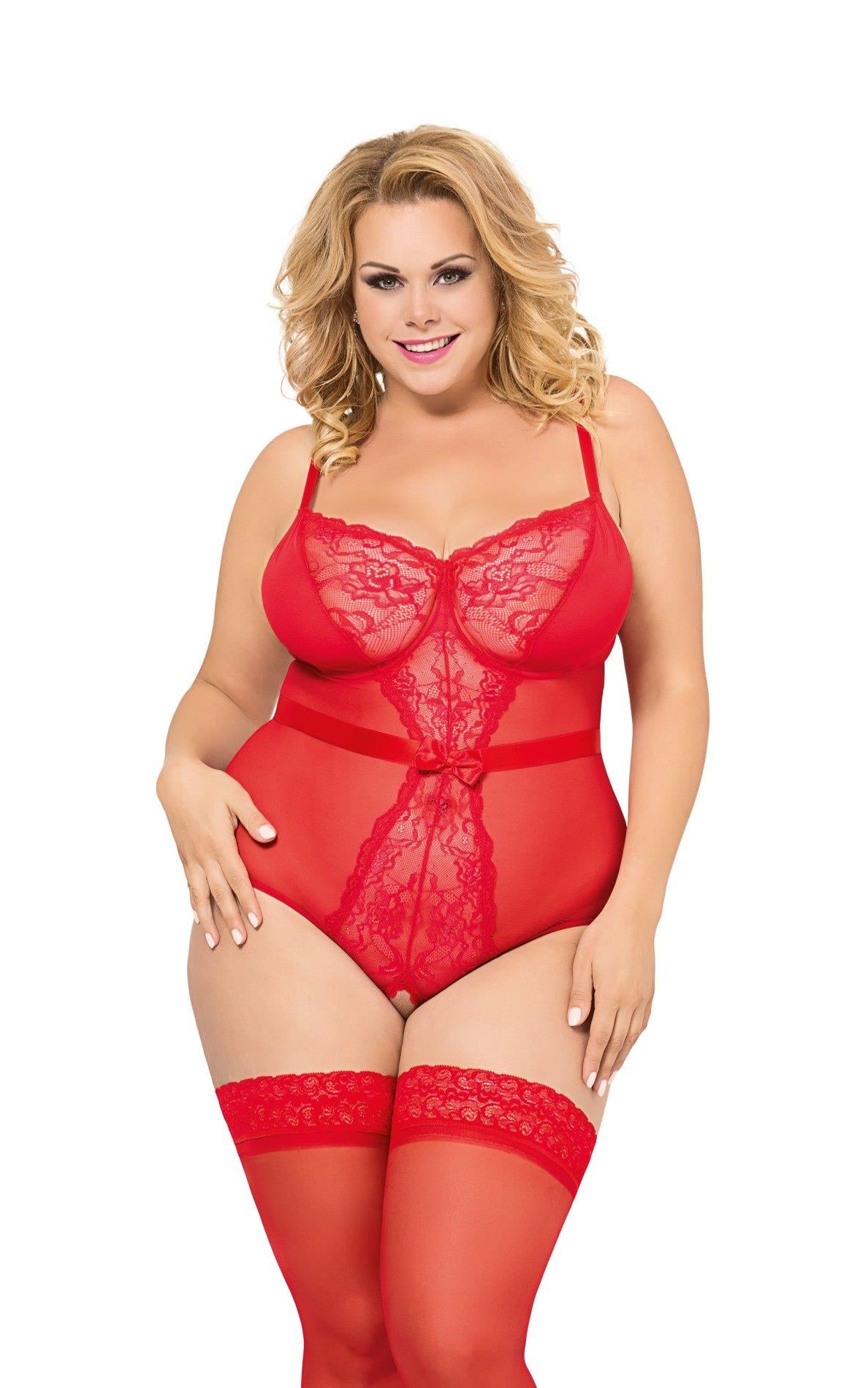 1-Body erotyczne siateczkowe koronkowe Amelia czerwone 4XL SoftLine-1