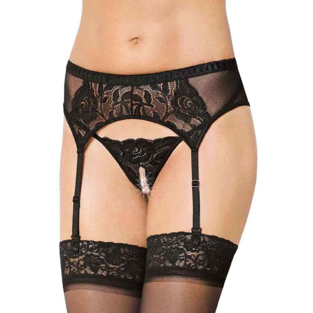 1-Koronkowy pas do pończoch z otwartymi stringami SoftLine 3319 czarny S/M-1