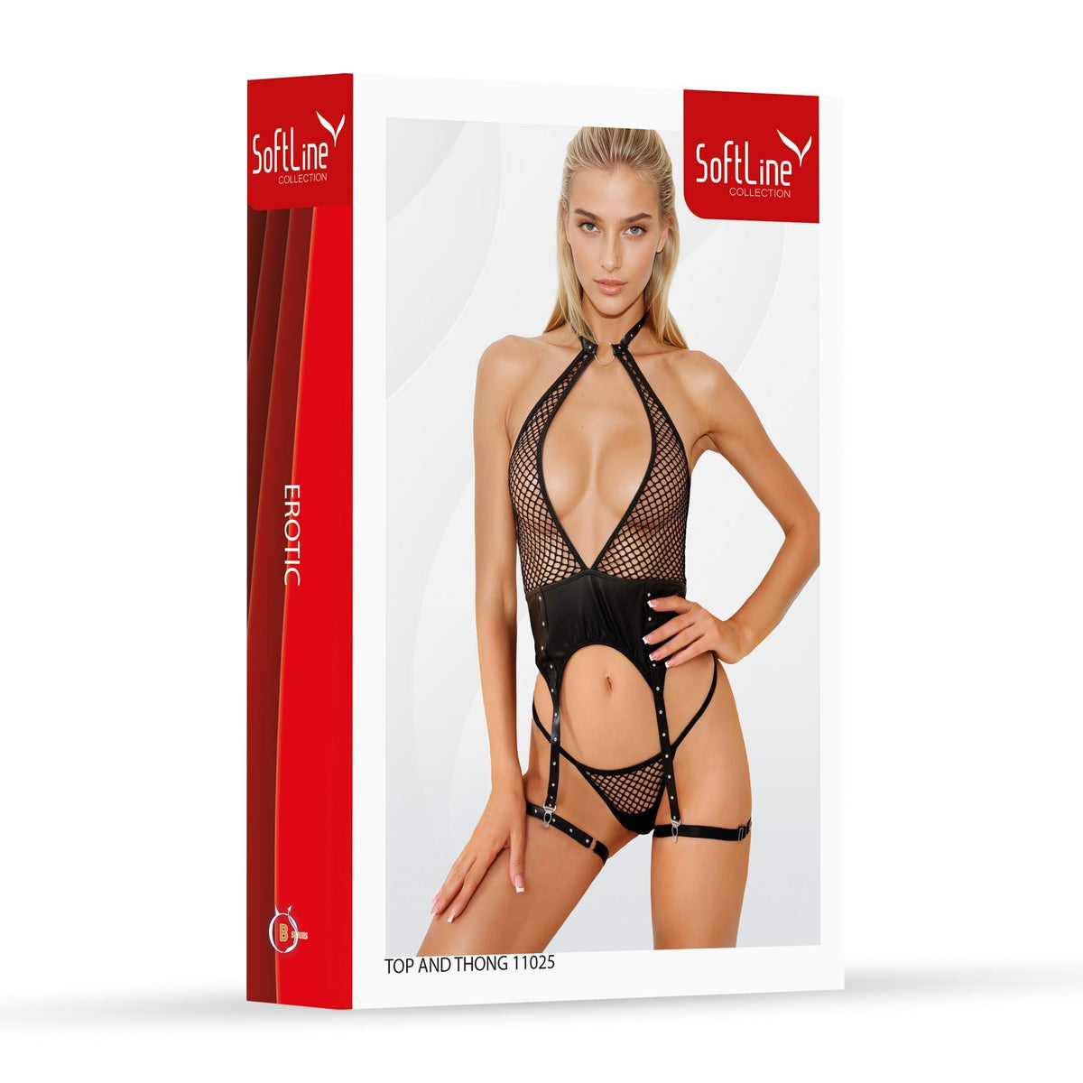 3-Erotyczne body siatkowe z ekoskórą i nitami SoftLine czarny 3XL-3
