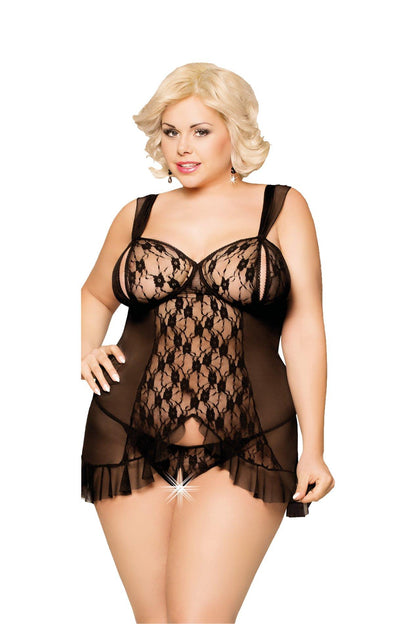 1-Koszulka baby doll koronkowa siateczkowa Bianca SoftLine czarna 2XL-1