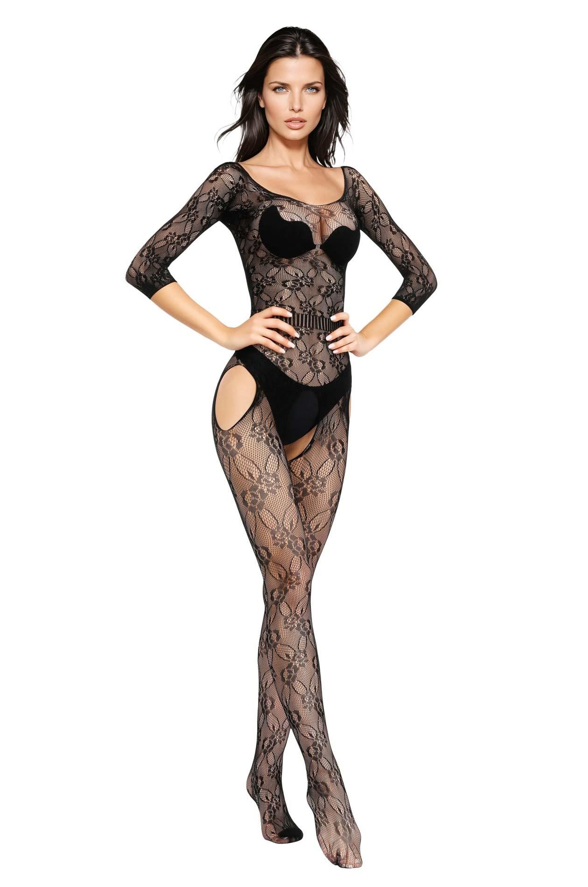 4-Bodystocking siateczkowy kwiatowy czarny S/L SoftLine-4
