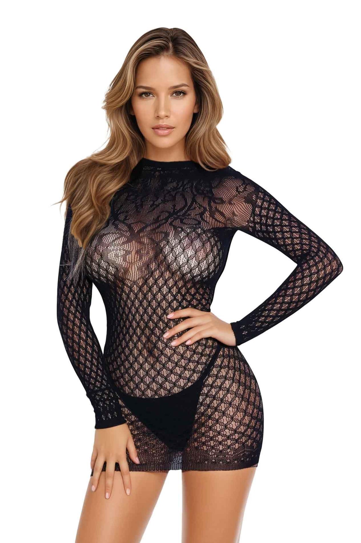 4-Sukienka siateczkowa koronkowa z długim rękawem SoftLine czarna one size-4
