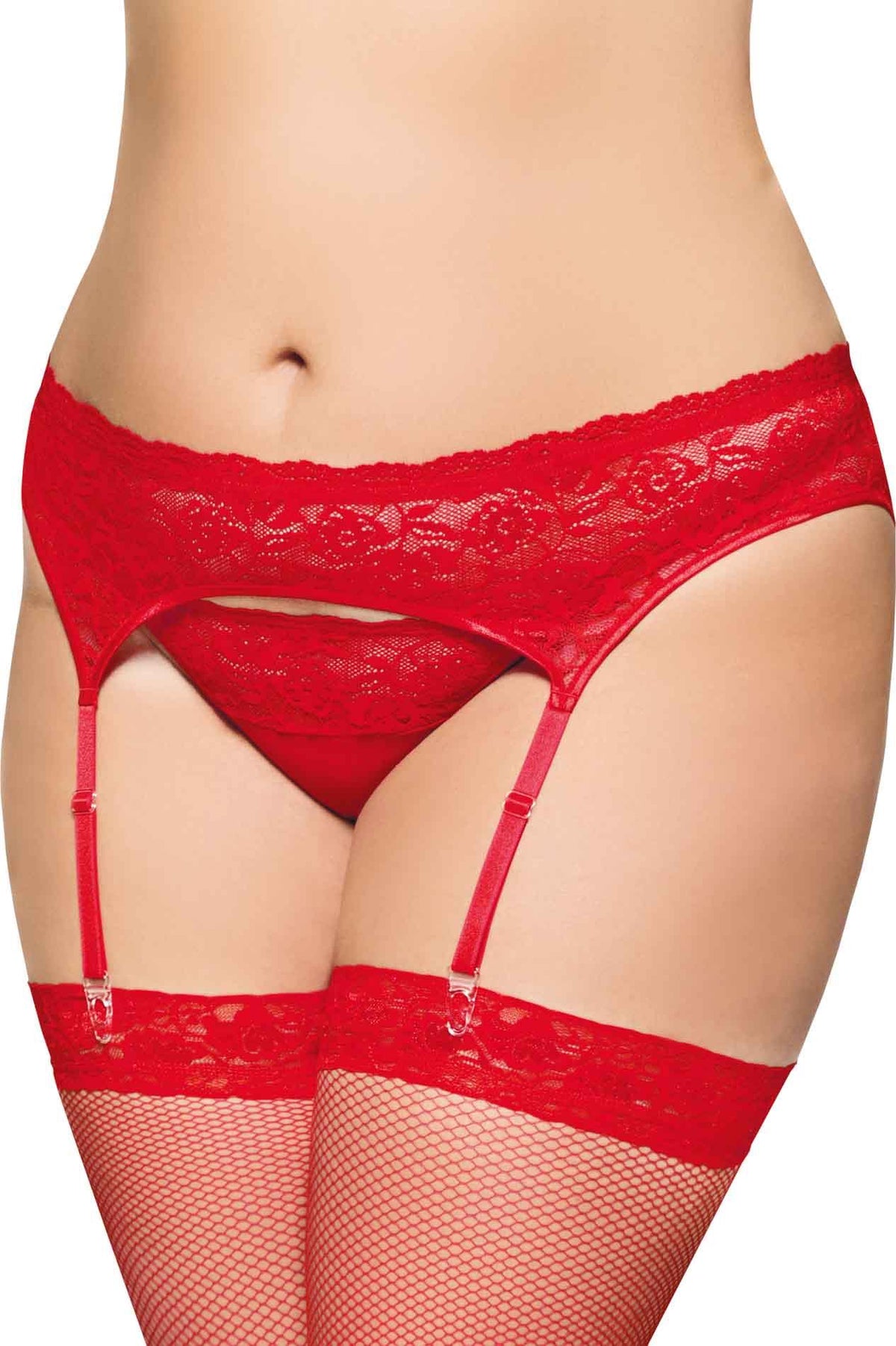 2-Pas do pończoch koronkowy z stringami SoftLine czerwony 3XL-2