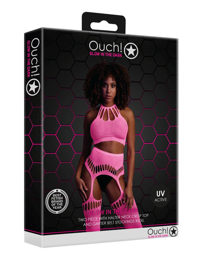 3-Komplet bielizny Ouch neonowy różowy z topem i pończochami XS/XL-3