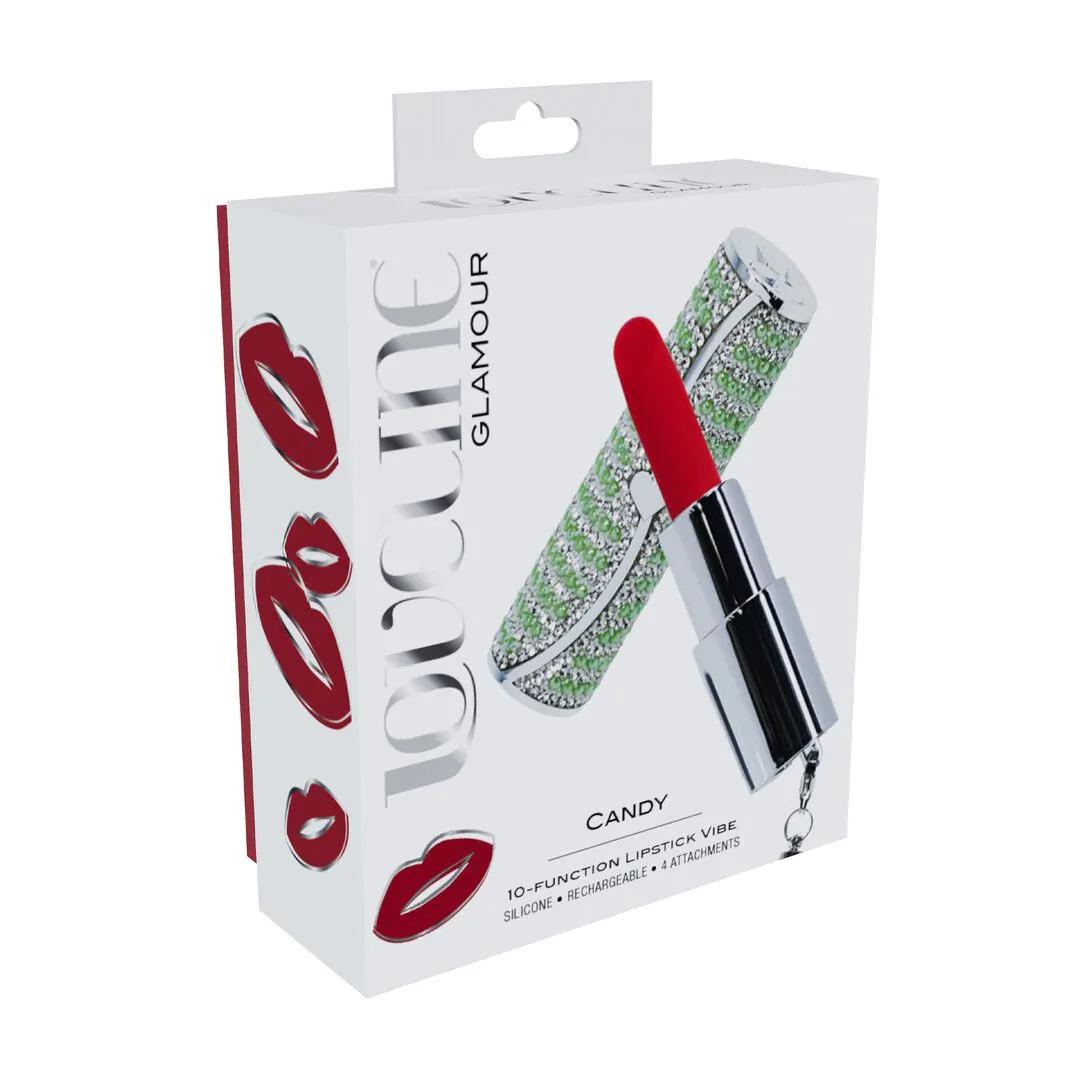 5-Mini wibrator pomadka Loveline zielony z 4 końcówkami USB-5