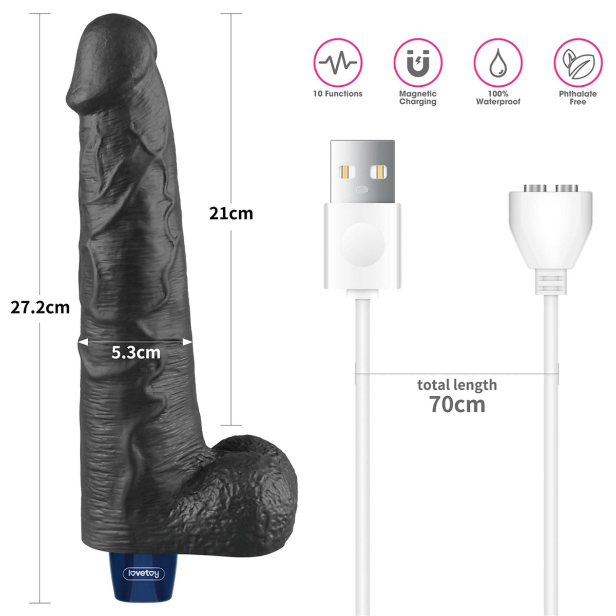 3-Dildo wibrujące realistyczne Lovetoy TPE czarne 27cm ładowane-3