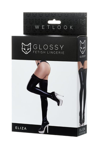 1-Pończochy błyszczące wetlook z koronką ELIZA Glossy czarne XL-1