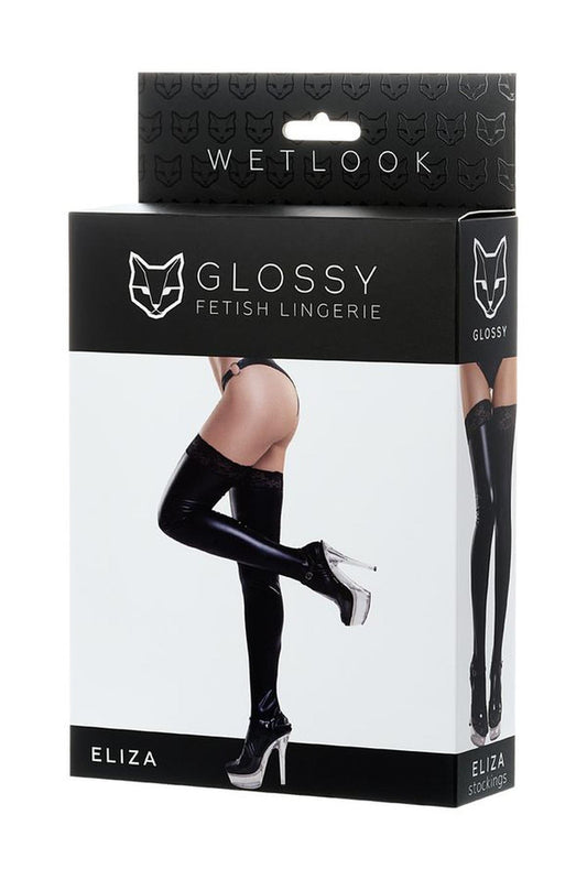 1-Pończochy błyszczące wetlook z koronką ELIZA Glossy czarne XL-1
