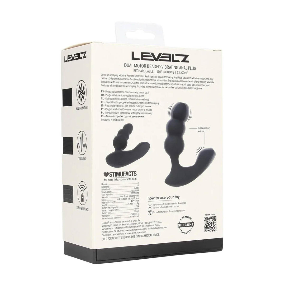 3-Korek analny wibrujący koralikowy Levelz zdalny czarny 14 cm USB-3