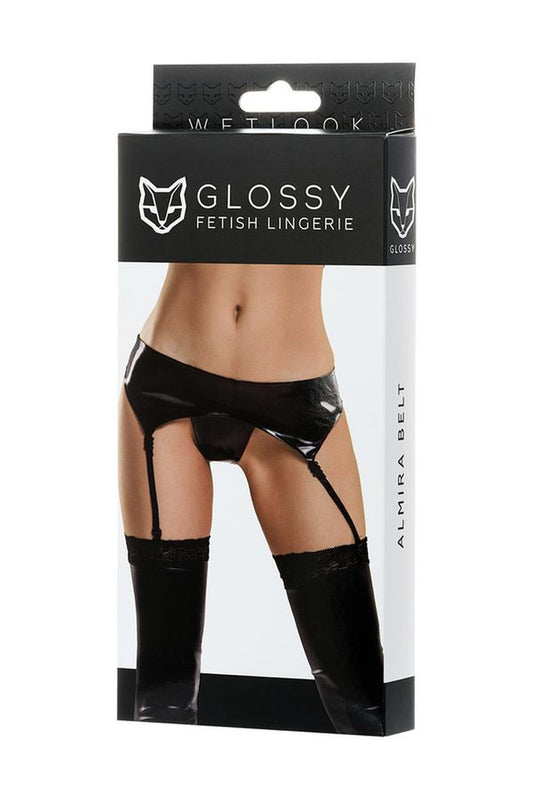 1-Błyszczący pas do pończoch i majtki Wetlook Glossy ALMIRA czarny S-1