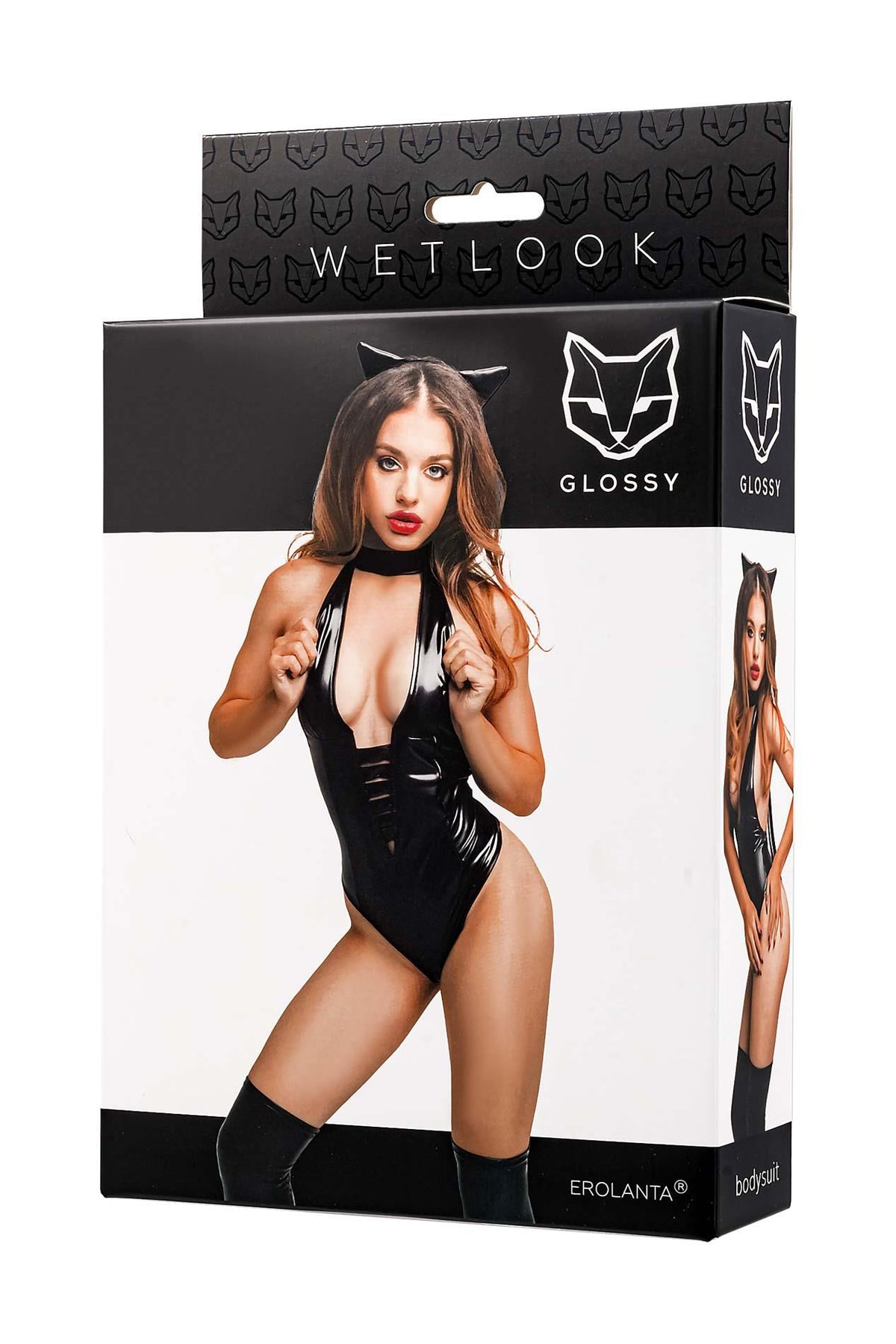 4-Erotyczne body Glossy Kitti z kocimi uszami wetlook czarne L-4
