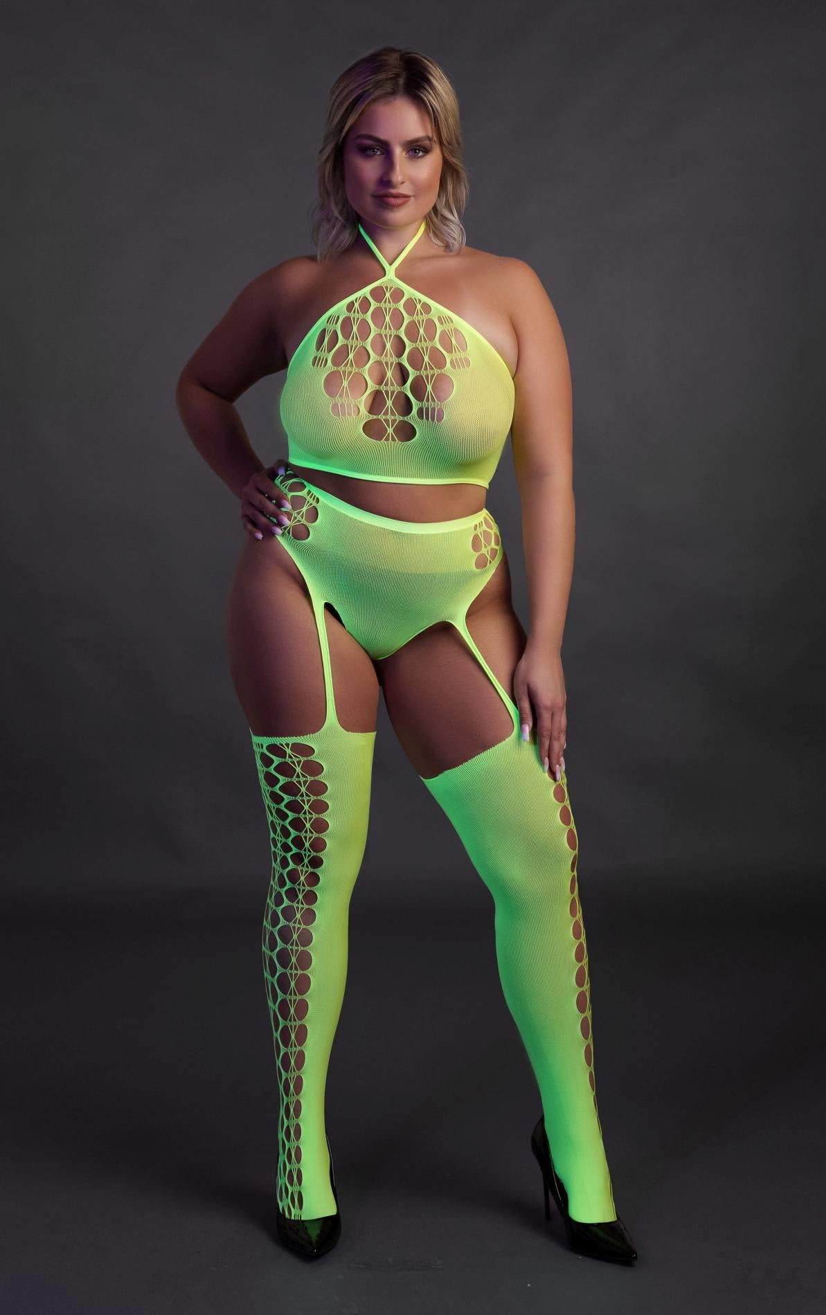 7-Ouch! Neonowy komplet bielizny crop top i pończochy XL/XXXXL-7