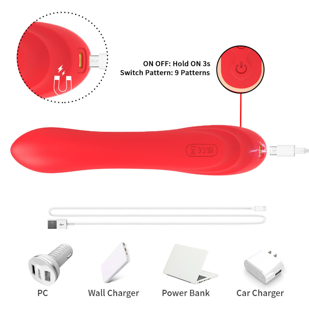 5-Wibrator króliczek Nirvana czerwony trójpunktowy silikonowy USB 22 cm-5