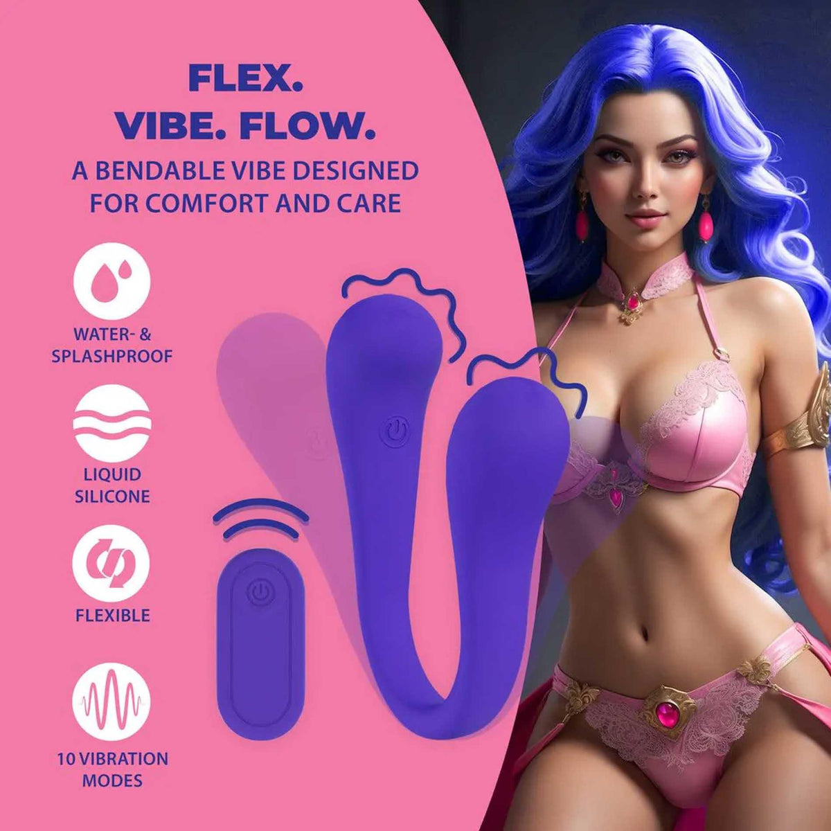 7-Dwustronny wibrator silikonowy giętki Loveline z pilotem fioletowy 23 cm-7