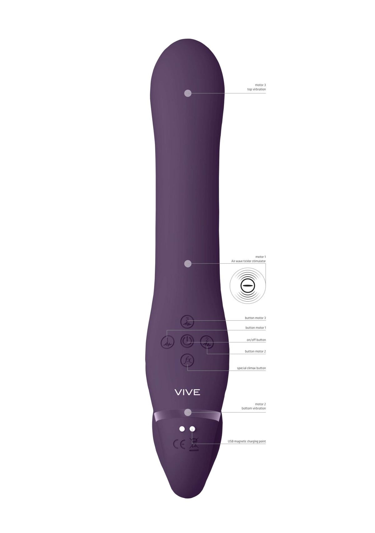 4-Strapon bezpaskowy Vive Ai wibrujący z falami powietrznymi fioletowy USB-4