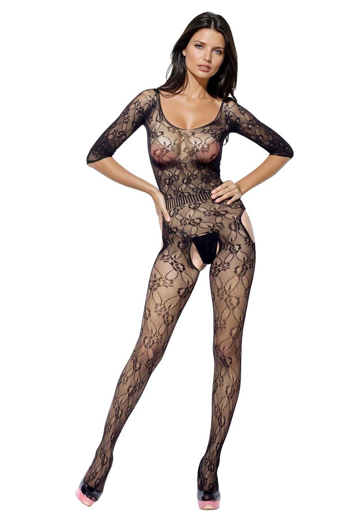 5-Bodystocking siateczkowy kwiatowy czarny S/L SoftLine-5