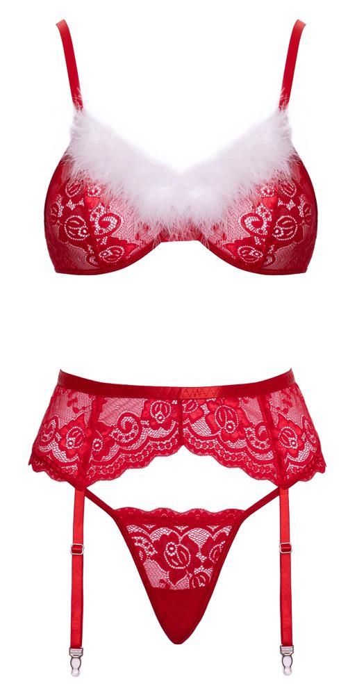 3-Świąteczny komplet bielizny Cottelli LINGERIE czerwony z piórkami S/M-3