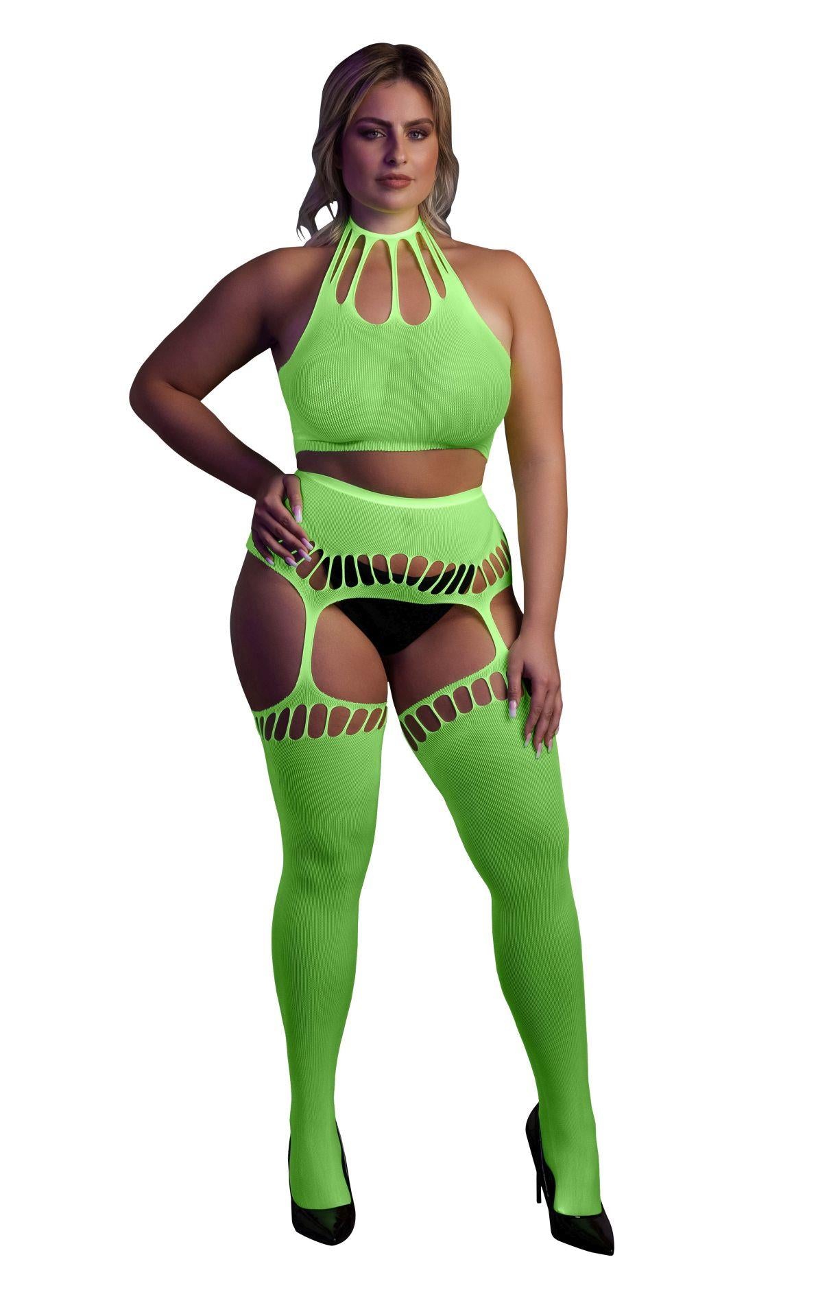 5-Neonowy komplet Ouch! UV crop top i pończochy XL XXXXL-5