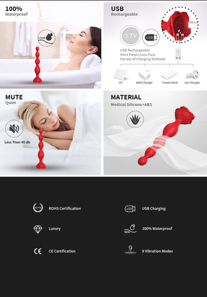 10-Wibrujący korek analny Rosestick czerwony USB 9 funkcji 10 cm-10
