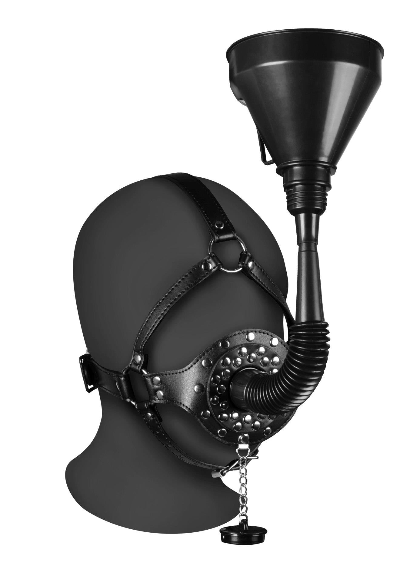 10-Open Mouth Gag Head Harness with Funnel - Black-10