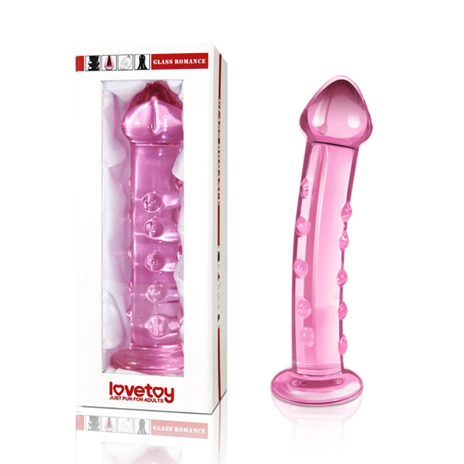 1-Różowe szklane dildo proste z wypustkami i główką-1