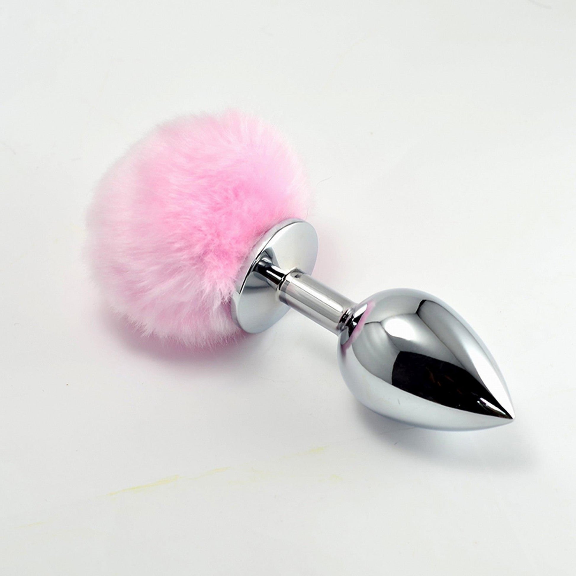 2-Metalowy korek analny z różowym puszkiem 8 cm-2