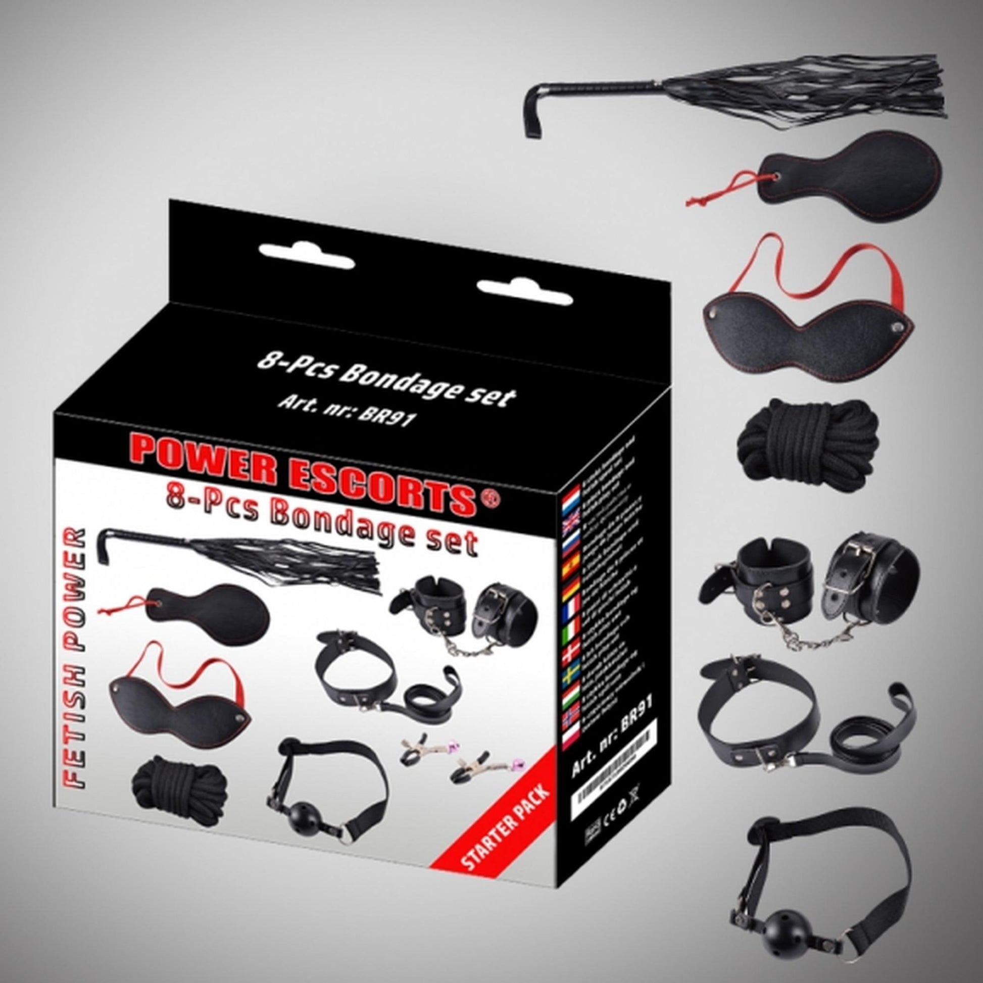2-Bondage set 8 pcs black cuffs / collar/ mask/ whipp/ clamps/rope etc-2