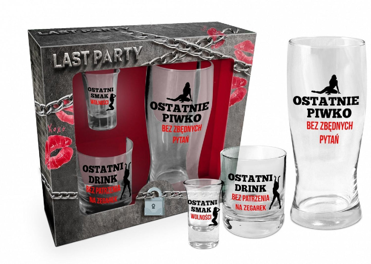 1-NIEZBĘDNIK KAWALERSKI-zestaw: szklanka do piwa 400ml, szklanka do whisky 270ml, kieliszek do wódki 35ml (czerwono-czarny)-1