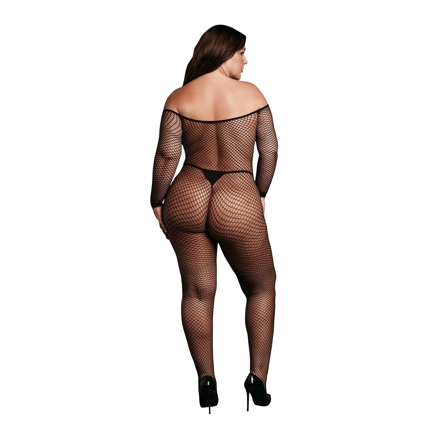 1-Bodystocking with off shoulder neckline, fishnet structure and open crotch.-1