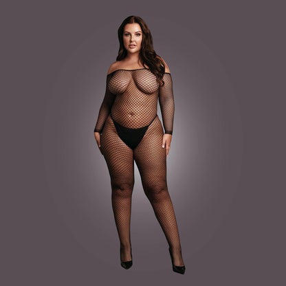 2-Bodystocking with off shoulder neckline, fishnet structure and open crotch.-2