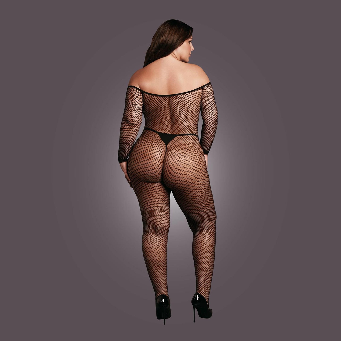 3-Bodystocking with off shoulder neckline, fishnet structure and open crotch.-3