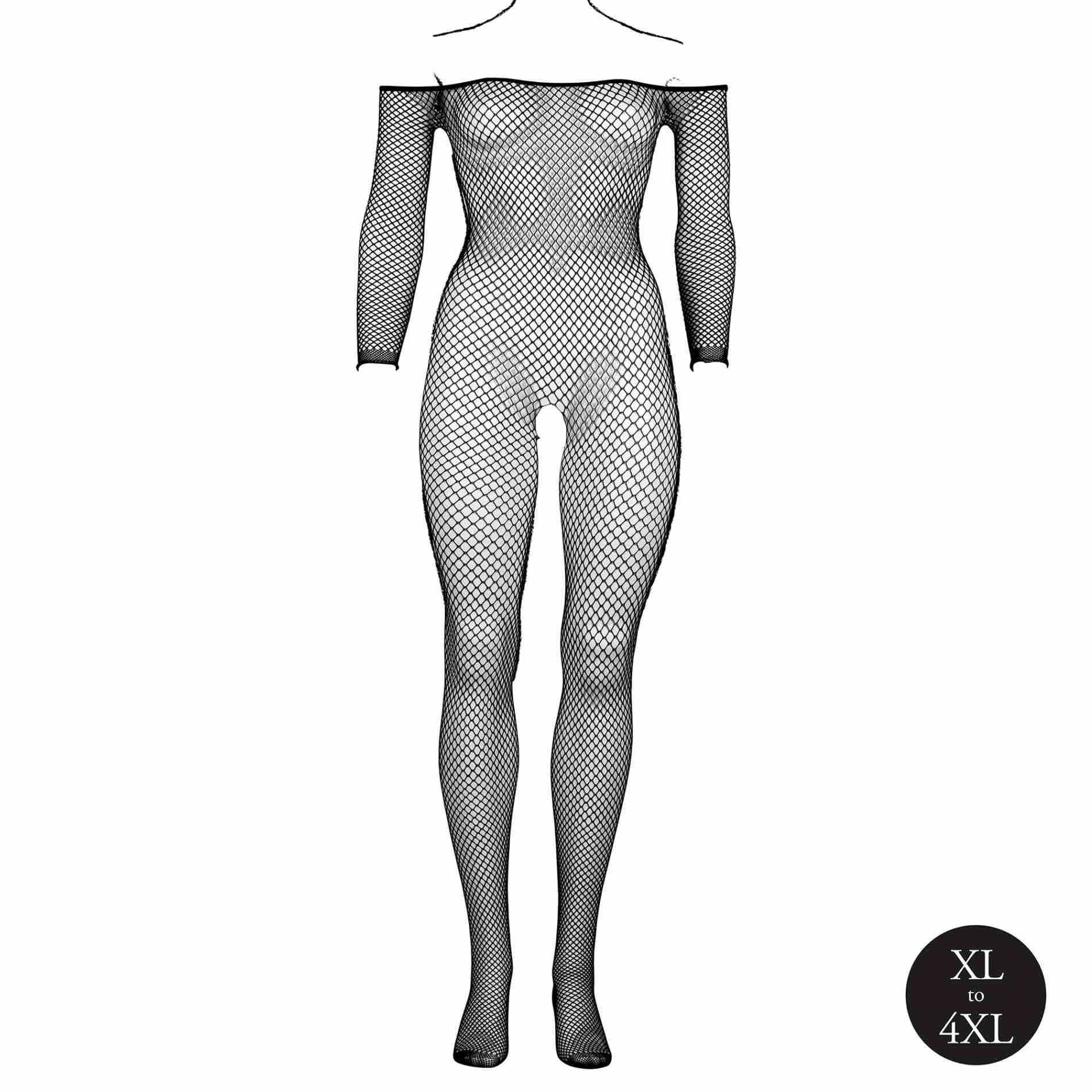 6-Bodystocking with off shoulder neckline, fishnet structure and open crotch.-6