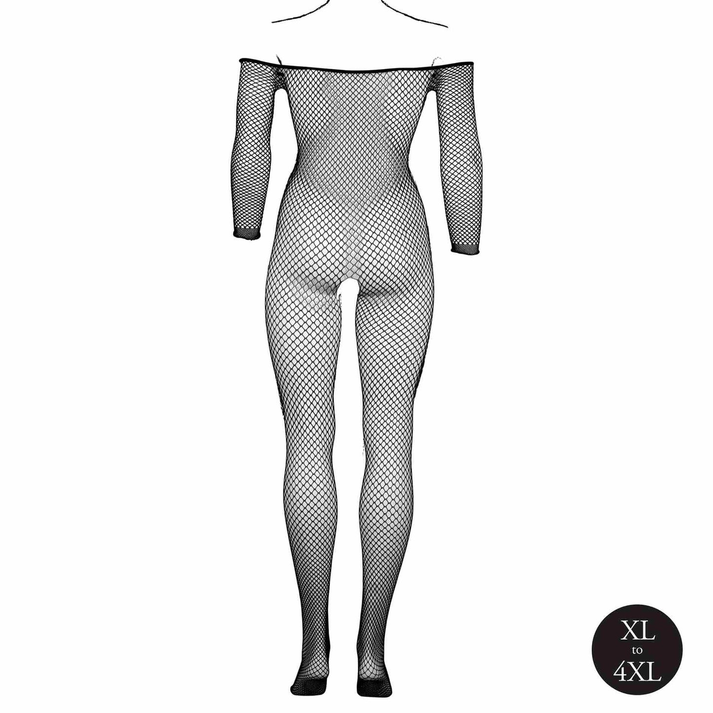 7-Bodystocking with off shoulder neckline, fishnet structure and open crotch.-7