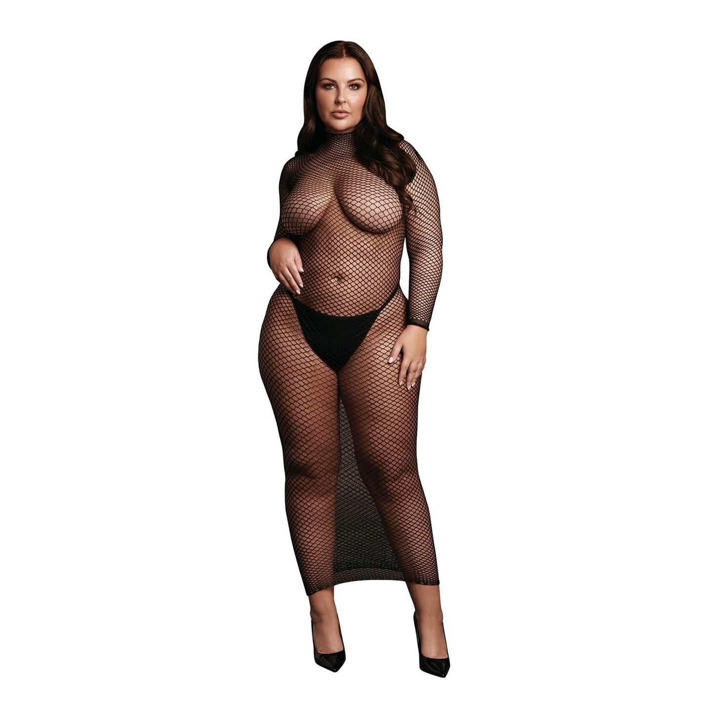 1-Long dress with fishnet structure and turtle neck.-1