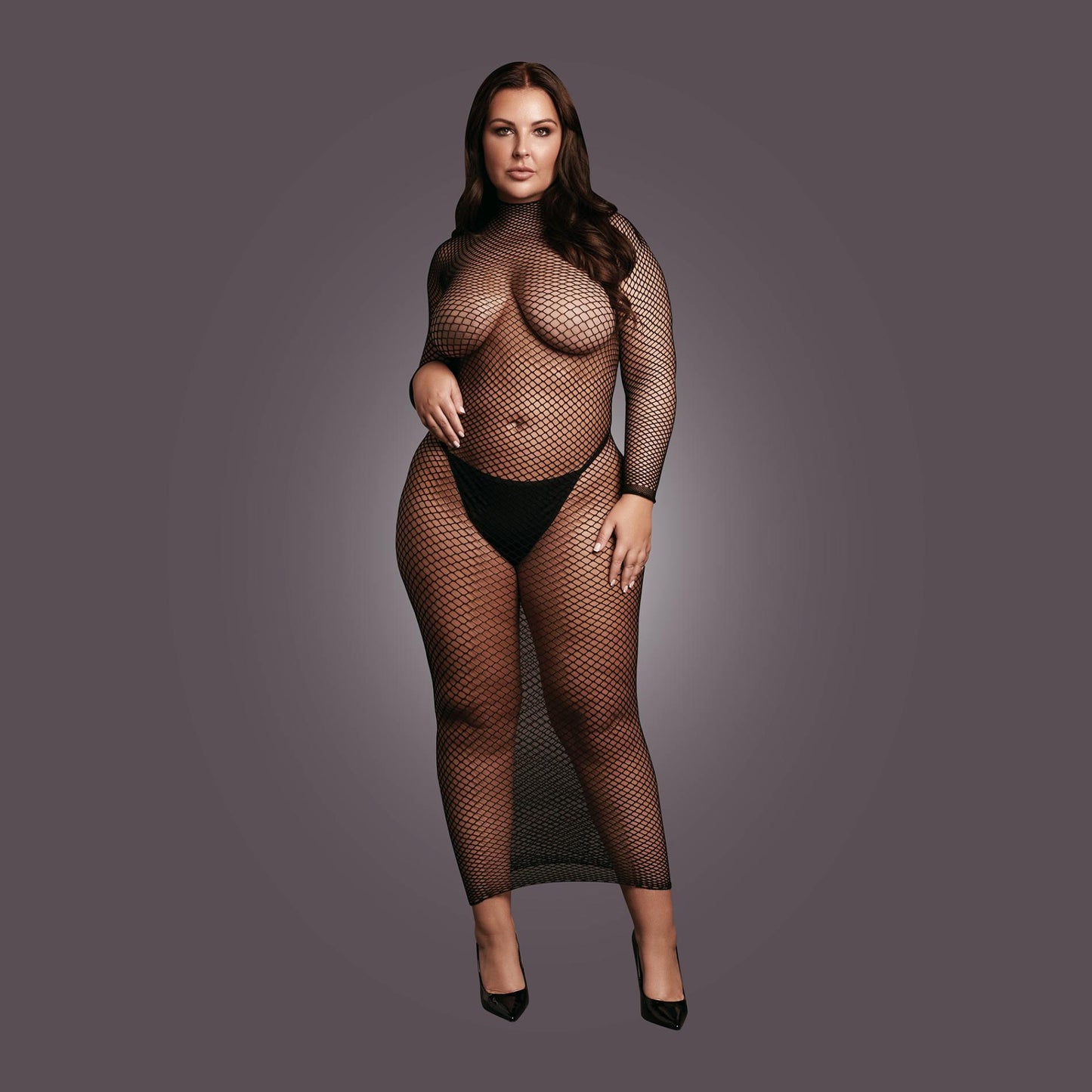 5-Long dress with fishnet structure and turtle neck.-5