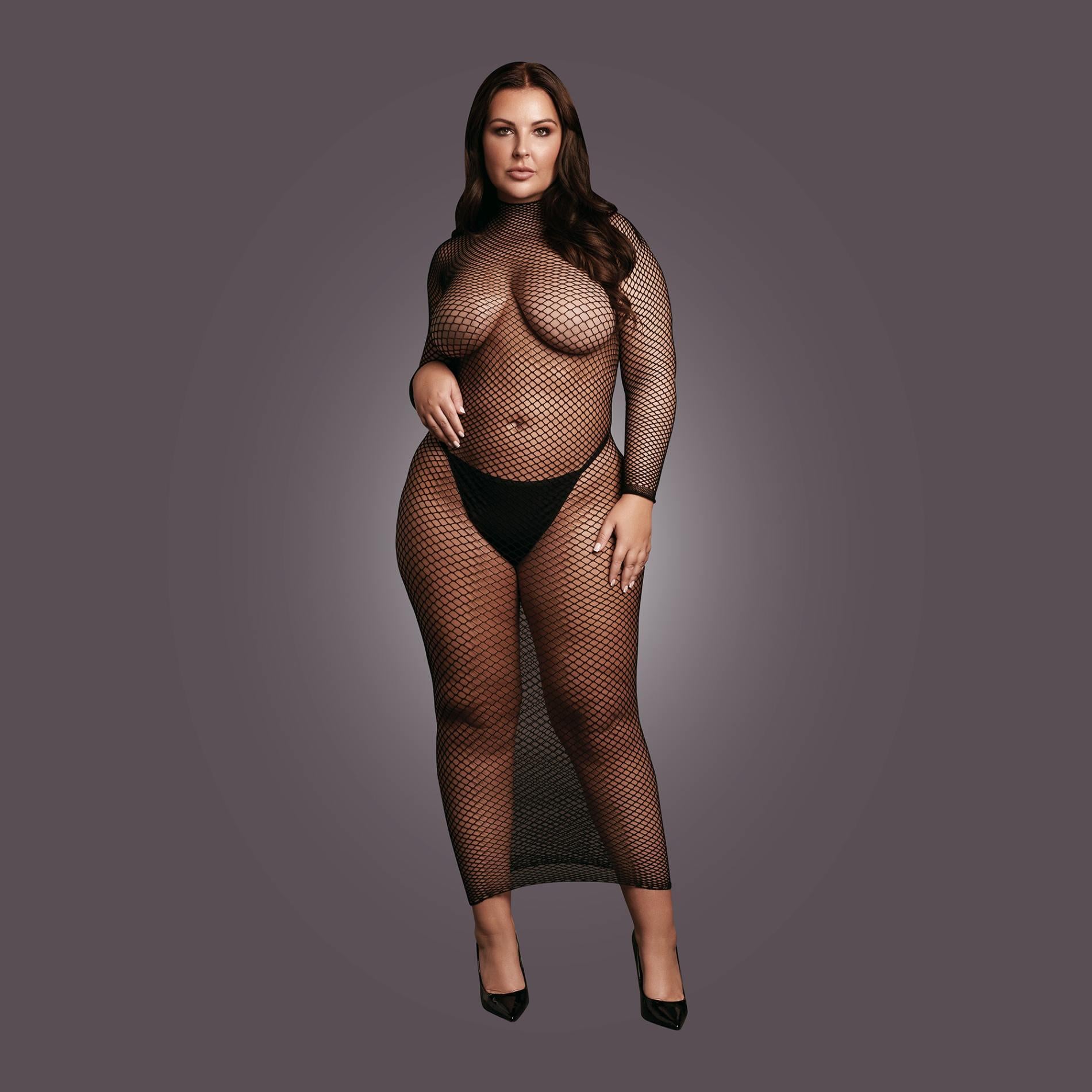 5-Long dress with fishnet structure and turtle neck.-5