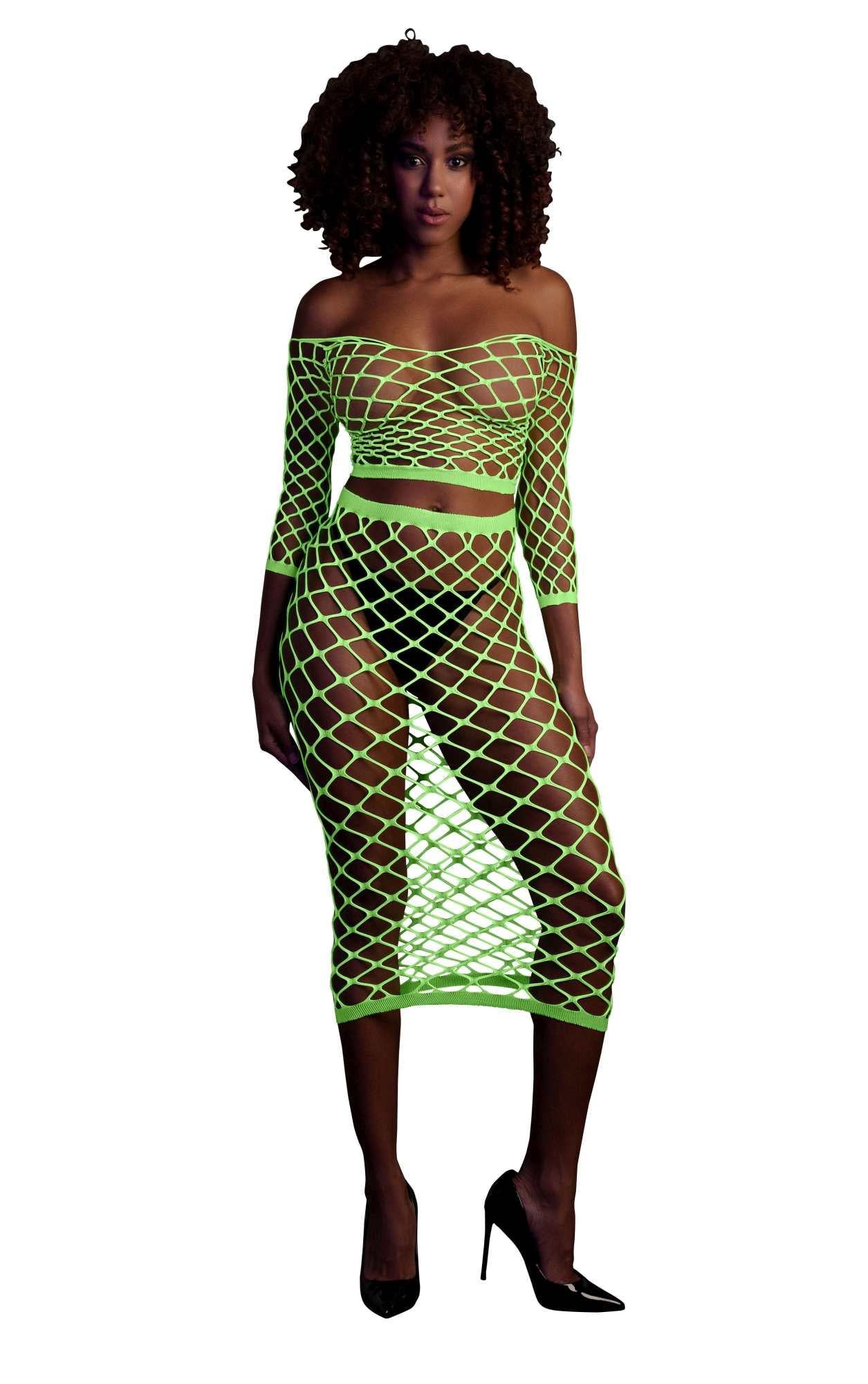 1-Long Sleeve Crop Top and Long Skirt - Green - XS/XL-1