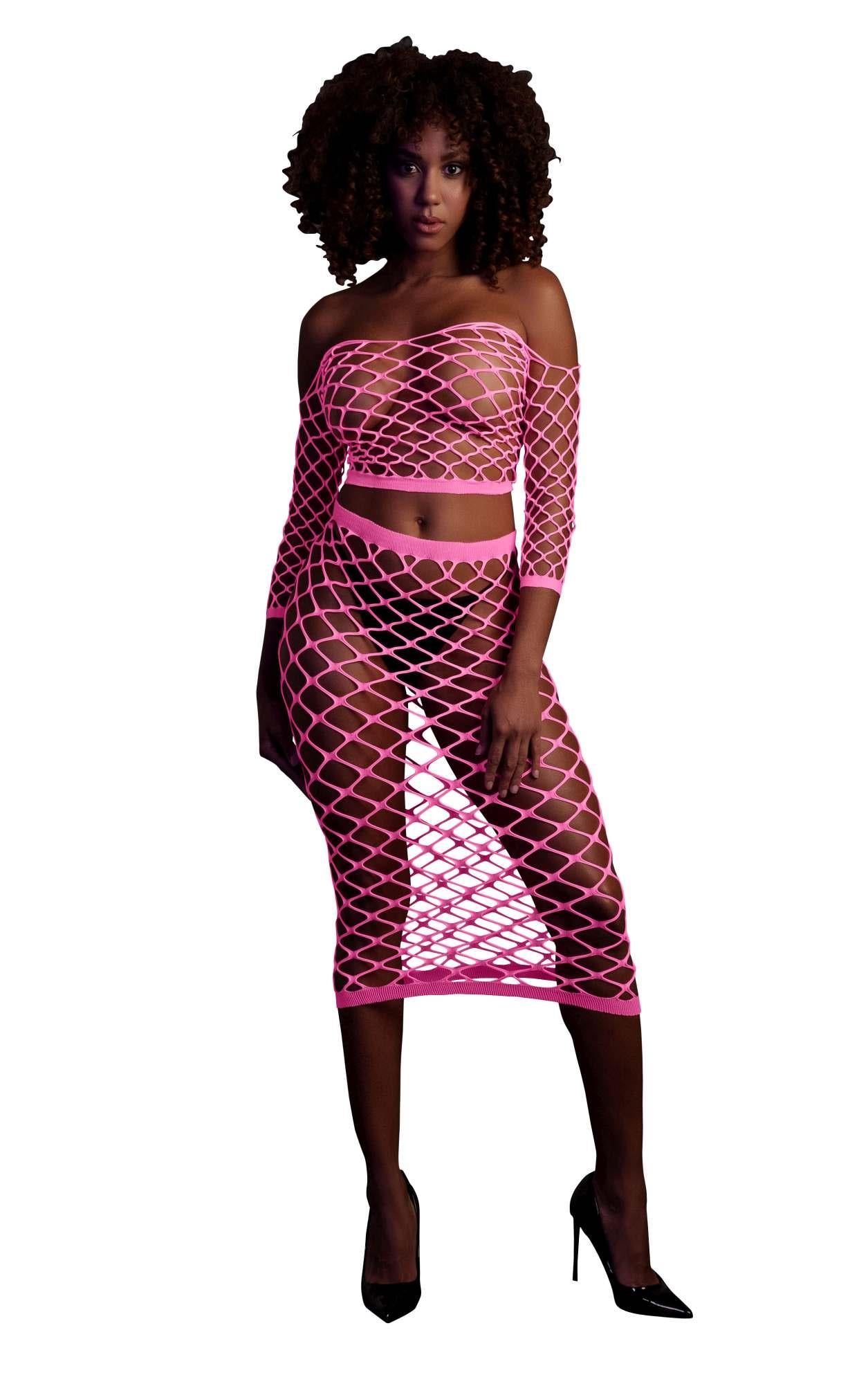1-Long Sleeve Crop Top and Long Skirt - Pink - XS/XL-1
