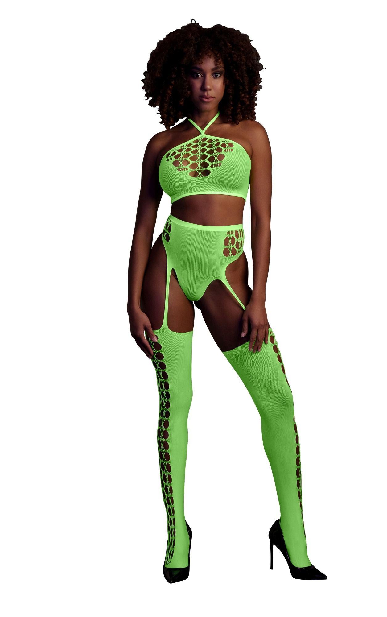 1-Two Piece with Crop Top and Stockings - Green - XS/XL-1