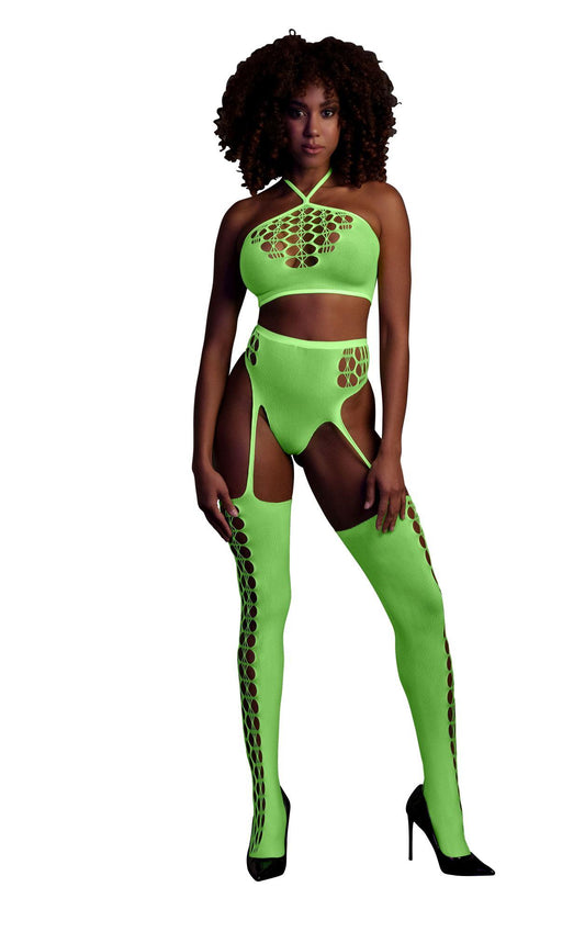 1-Two Piece with Crop Top and Stockings - Green - XS/XL-1
