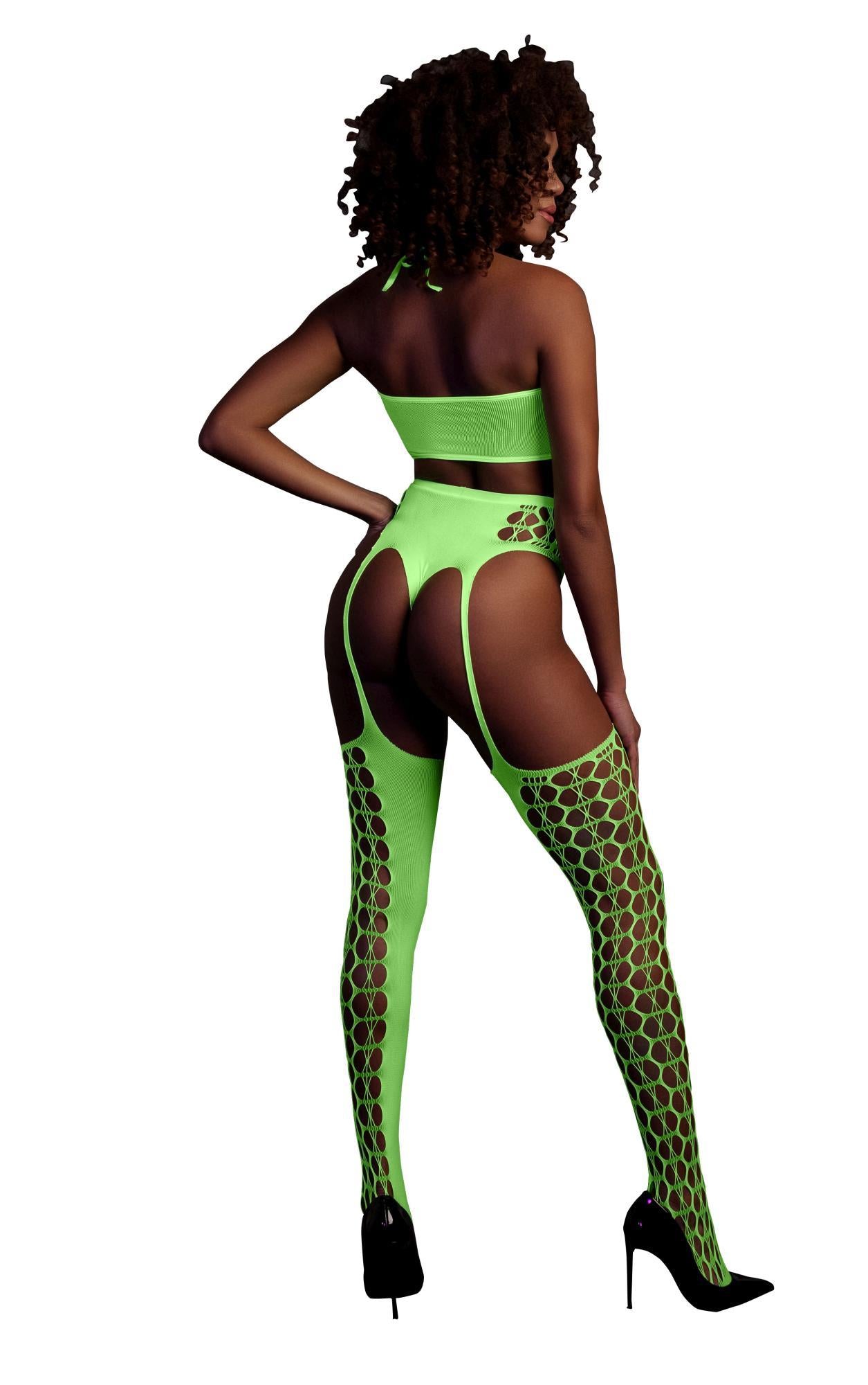 2-Two Piece with Crop Top and Stockings - Green - XS/XL-2